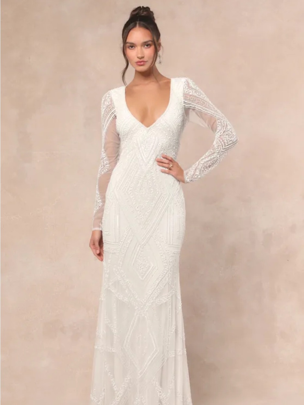 NWT White Beaded Long-Sleeve V-Neck Wedding Dress